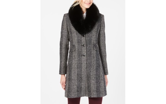  Womens Fox-Fur-Collar Reefer Coats, Black, 8