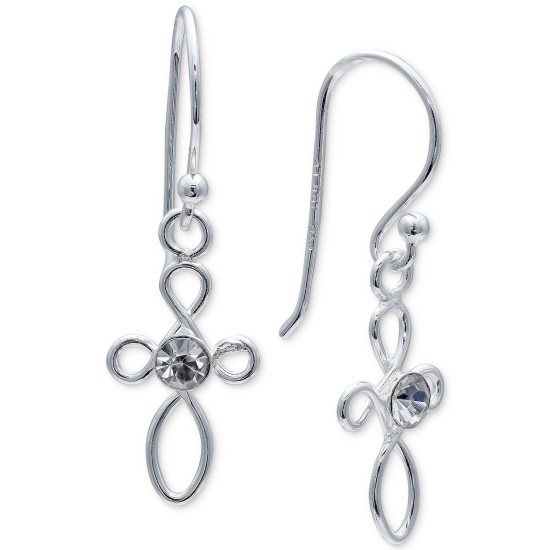  Crystal Open Cross Drop Earrings in Sterling Silver (White)