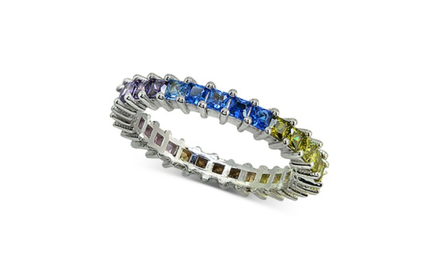  Cubic Zironia Rainbow Ring in Sterling Silver, Silver Tone, 7