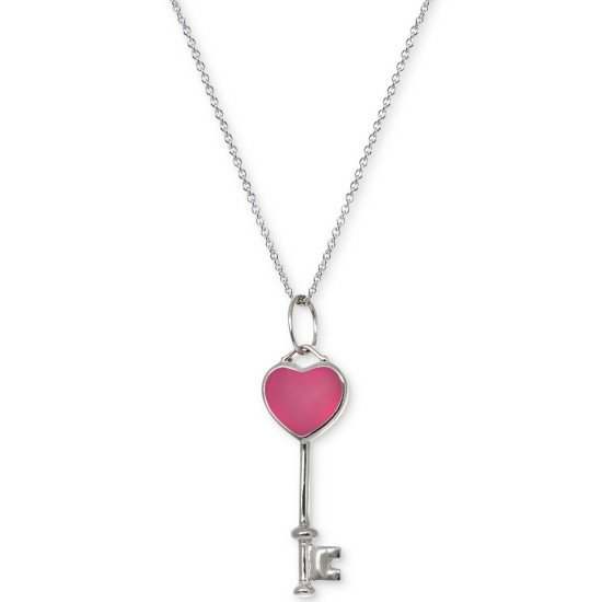  Pink Enamel Heart Key 18″ Pendant Necklace in Sterling Silver