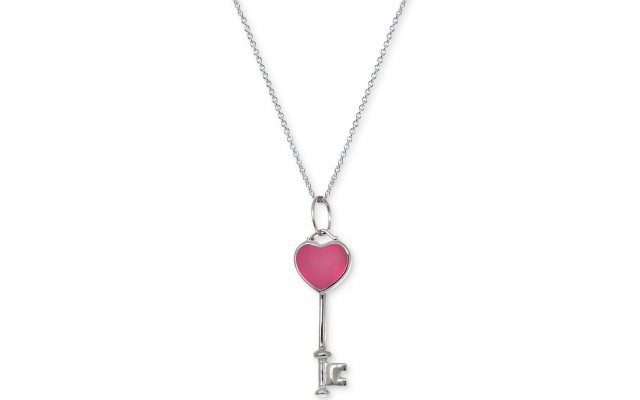  Pink Enamel Heart Key 18″ Pendant Necklace in Sterling Silver