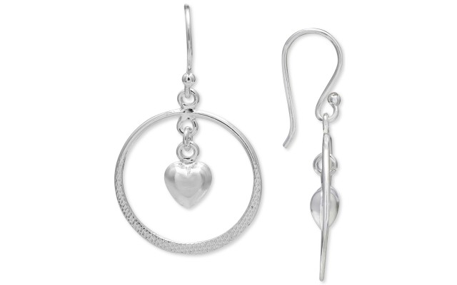  Women’s Heart Center Circle Drop Earrings (Silver)