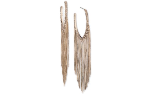  Extra Large Gold-Tone Crystal Chain Fringe Hoop Earrings 4.3″