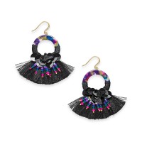Gold-Tone Sequin, Bead, Multicolor Ring & Fringe Drop Earrings, Black