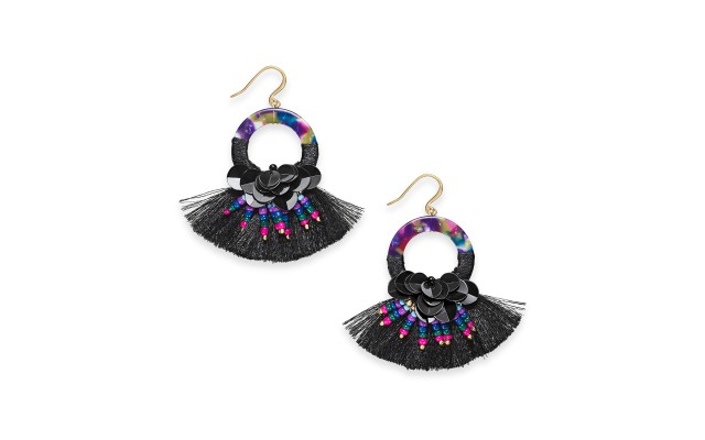 Gold-Tone Sequin, Bead, Multicolor Ring & Fringe Drop Earrings, Black