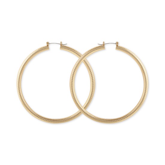 Large Textured Tubular Hoop Earrings 3″, Gold