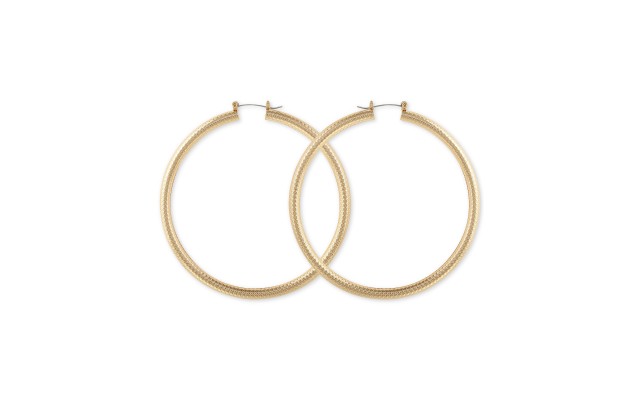 Large Textured Tubular Hoop Earrings 3″, Gold