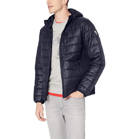  Men’s Wind & Water Resistant Hooded Puffer Jacket with Side Stretch Panels (Navy, XX-Large)
