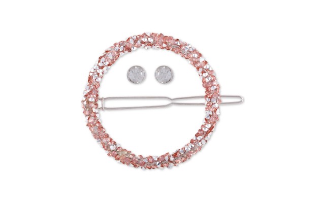  Silver-Tone Crystal Circle Hair Barrette & Stud Earrings Set