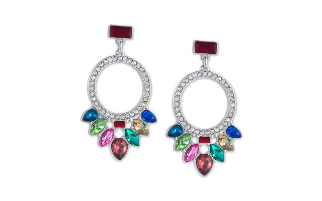  Silver-Tone Crystal Front-Facing Drop Hoop Earrings