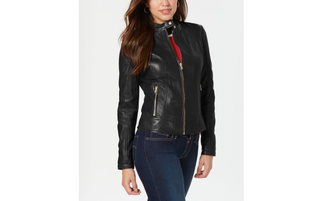  Womens Leather with Snap Collar Jackets, Black, Small