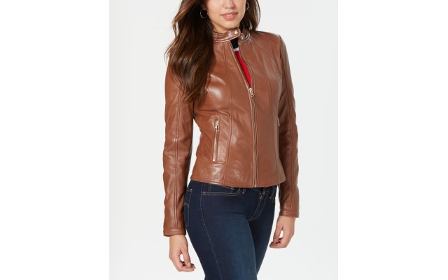  Womens Leather with Snap Collar Jackets, Brown, Large