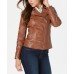  Womens Leather with Snap Collar Jackets, Brown, Large