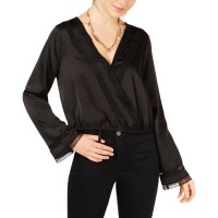 Gypsies & Moondust Juniors’ Lace & Satin Surplice Top (Black, S)