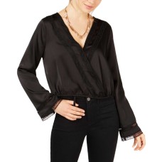 Gypsies & Moondust Juniors’ Lace & Satin Surplice Top (Black, S)
