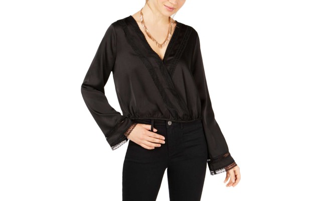  Juniors’ Lace & Satin Surplice Top (Black, S)