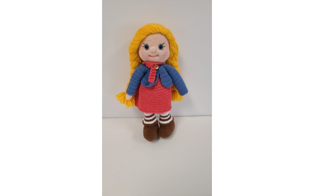 Handmade Amigurumi Crochet Wool Long Short Braided Hair Girls For Fun Game, Girl With Blue Jacket - 4.72 inches, 4.72