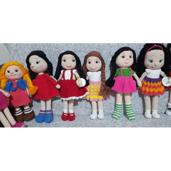 Handmade Amigurumi Crochet Wool Long Short Braided Hair Girls For Fun Game, Girl With Blue Jacket - 4.72 inches, 4.72
