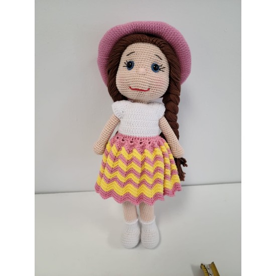 Handmade Amigurumi Crochet Wool Long Short Braided Hair Girls For Fun Game, Girl With Pink Hat - 5.51 inches, 5.51