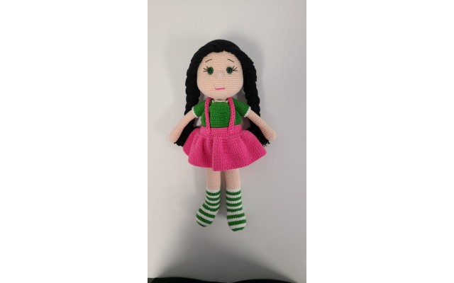Handmade Amigurumi Crochet Wool Long Short Braided Hair Girls For Fun Game, Girl With Pink Skirt - 5.51 inches, 5.51