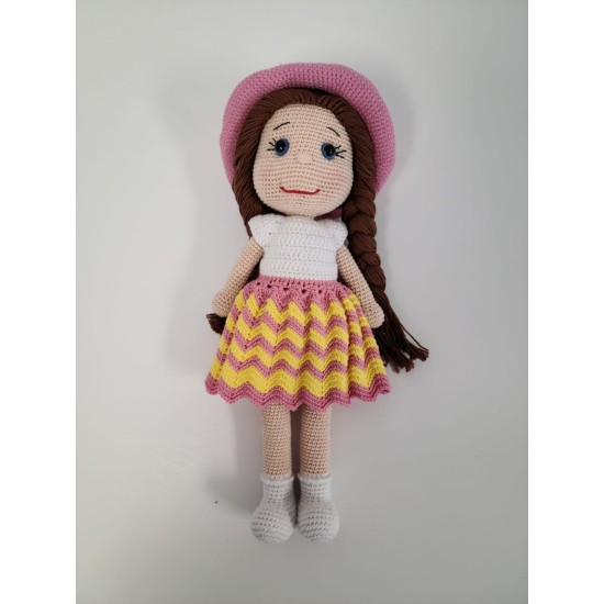 Handmade Amigurumi Crochet Wool Long Short Braided Hair Girls For Fun Game, Girl With Pink Hat - 5.51 inches, 5.51
