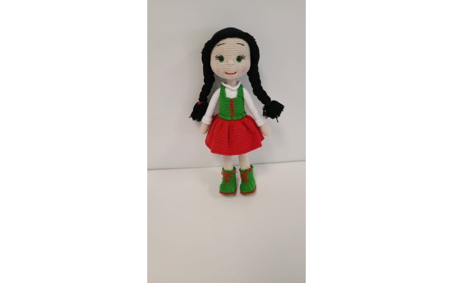 Handmade Amigurumi Crochet Wool Long Short Braided Hair Girls For Fun Game, Girl With Red Skirt - 5.90 inches, 5.90