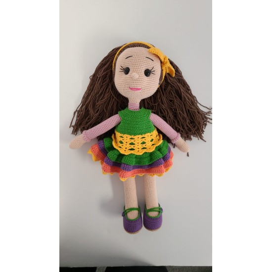 Handmade Amigurumi Crochet Wool Long Short Braided Hair Girls For Fun Game, Girl With Yellow Bandana - 6.29 inches, 6.29