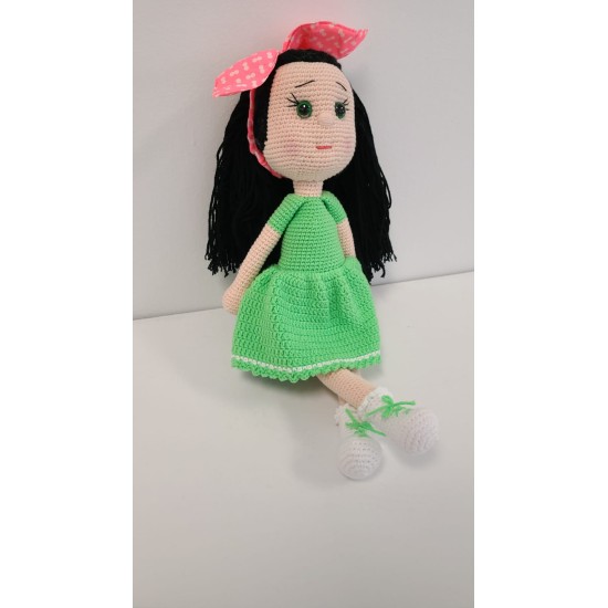 Handmade Amigurumi Crochet Wool Long Short Braided Hair Girls For Fun Game, Green Girl - 5.90 inches, 5.90