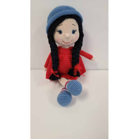 Handmade Amigurumi Crochet Wool Long Short Braided Hair Girls For Fun Game, Red Girl - 5.51 inches, 5.51
