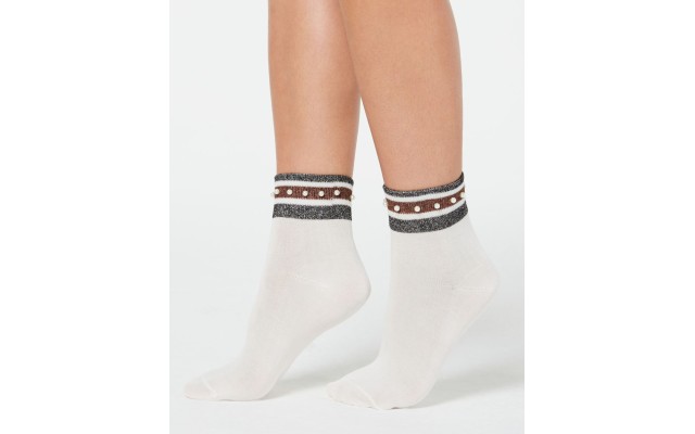  Women’s Embellished Metallic-Stripe Anklet Socks (Natural,  9-11)