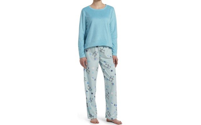  Women’s Sueded Fleece Long Sleeve Tee and Pant 2 Piece Pajama Set, Capri (Starry Teal, Small)
