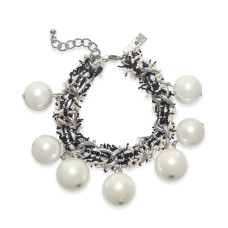 I.N.C. Silver-Tone Imitation Pearl Fabric-Weaved Flex Bracelet