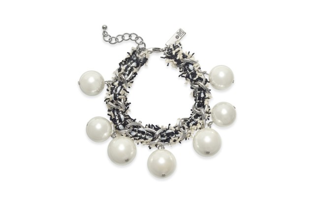 I.N.C. Silver-Tone Imitation Pearl Fabric-Weaved Flex Bracelet