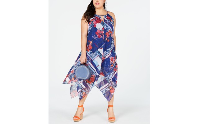 Inc Concepts Women Floral Asymmetrical Midi Dress, Navy, 0X