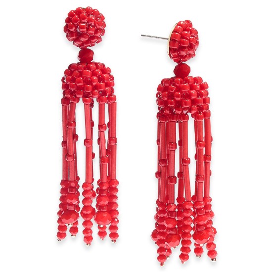  Beaded Tassel Linear Earrings, Red
