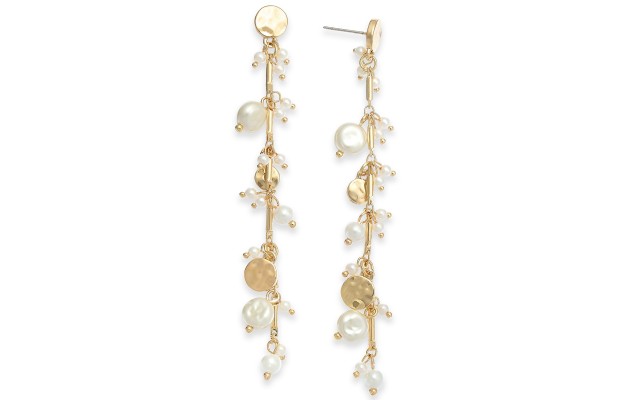  Disc & Imitation Pearl Shaky Linear Drop Earrings (Gold)