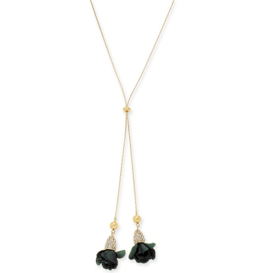   Fabric-Flower 37″ Lariat Necklace, Green