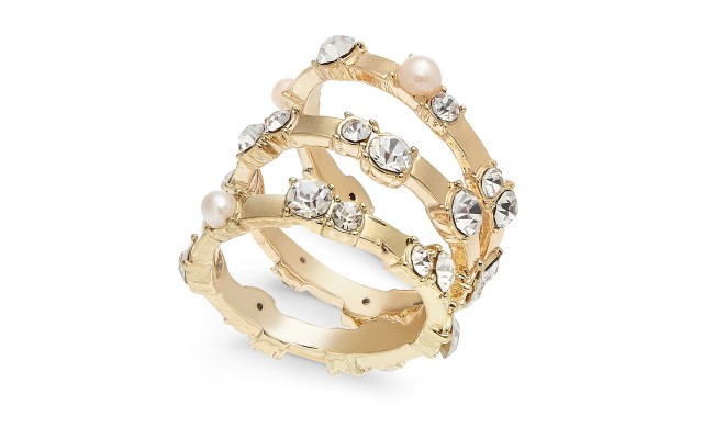  Gold-Tone 3-Pc Set Imitation Pearl & Crystal Stacking Rings, Gold, 12
