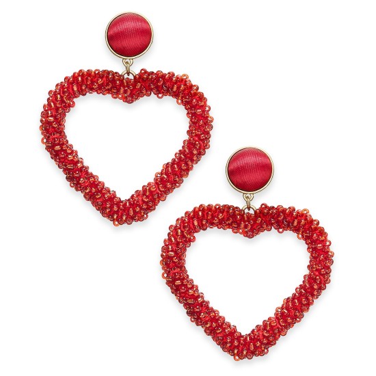  Gold-Tone Beaded Heart Drop Earrings, Red