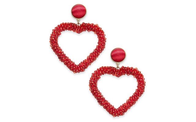  Gold-Tone Beaded Heart Drop Earrings, Red