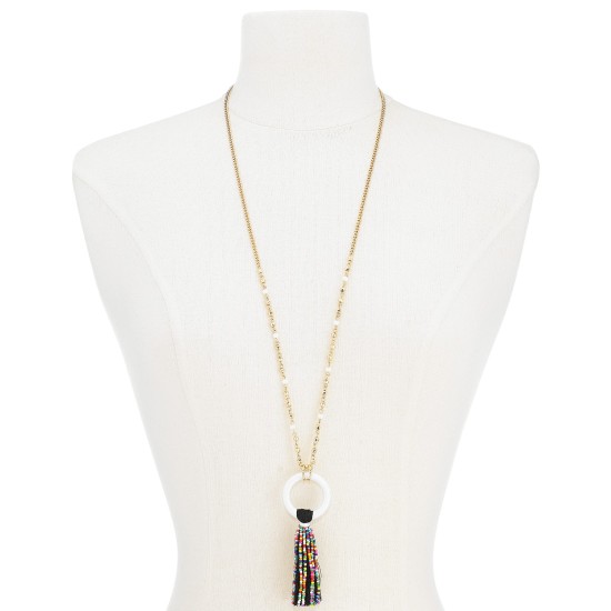  Gold-Tone Beaded Tassel Pendant Necklace, 32″ + 3″ extender, Black/Multi
