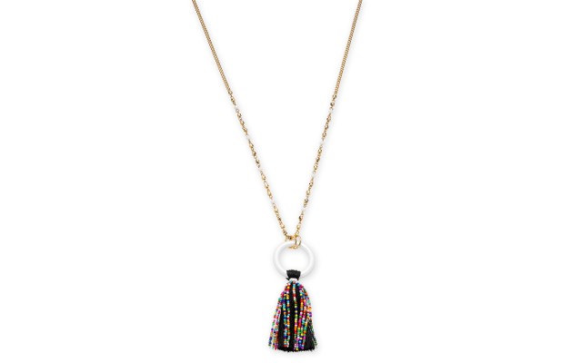  Gold-Tone Beaded Tassel Pendant Necklace, 32″ + 3″ extender, Black/Multi