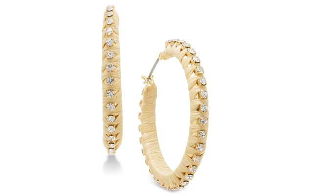  Gold-Tone Crystal Raffia-Look Medium Hoop Earrings (Beige)
