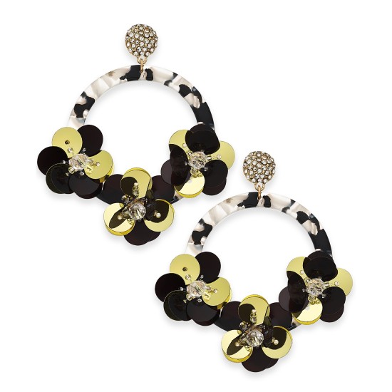  Gold-Tone Crystal & Sequin Drop Hoop Earrings,Black