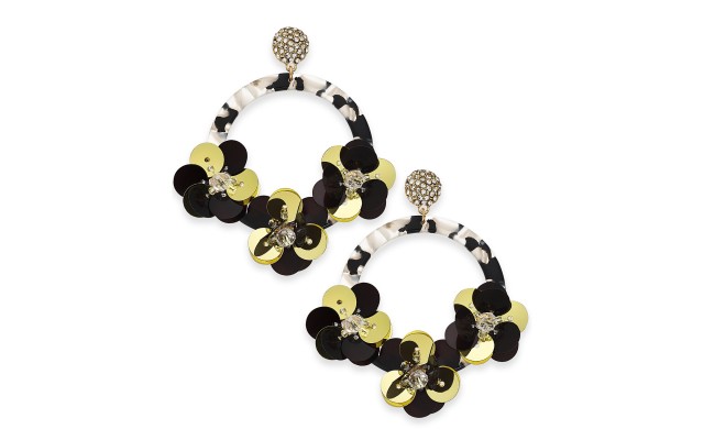 Gold-Tone Crystal & Sequin Drop Hoop Earrings,Black