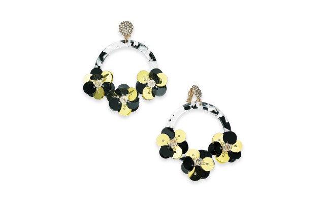  Gold-Tone Crystal, Sequin & Resin Drop Hoop Clip-On Earrings, Black