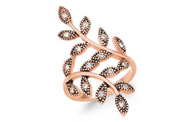  Gold-Tone Hematite Crystal Leaf Wrap Ring, Pink
