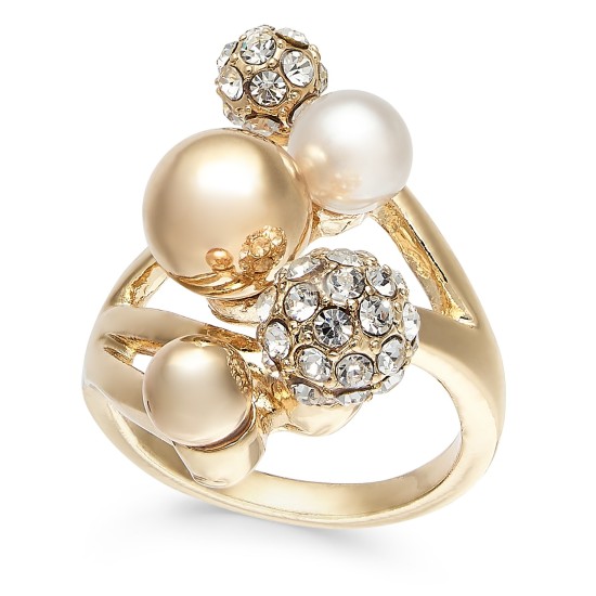  Gold-Tone Imitation Pearl & Crystal Statement Rings, Gold, 11