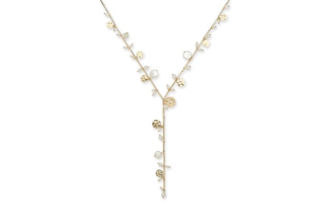  Gold-Tone Imitation Pearl & Hammered Disc Lariat Necklace, 22″ + 3″ extender,