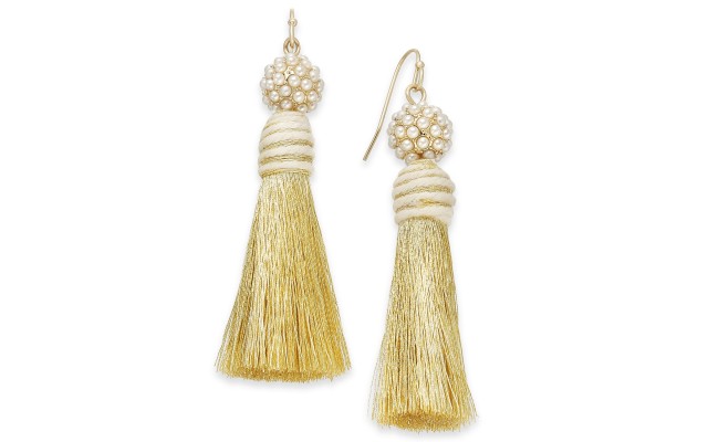  Gold-Tone Imitation Pearl & Tassel Drop Earrings